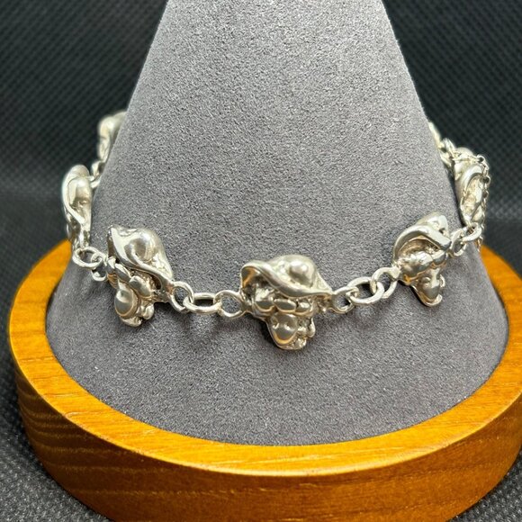 Sterling Silver 925 Victorian Lady Cap Hat Link Bracelet 7" Length Safety Chain
